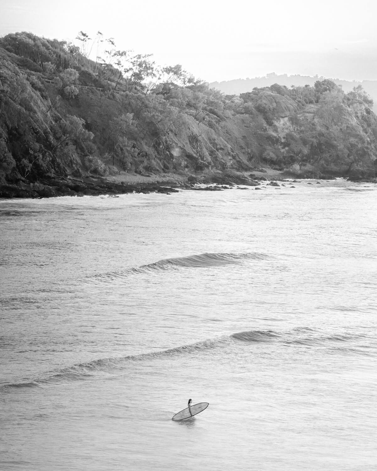 Black and white photograph of a lone surfer in shallow water at Wategos Beach Byron Bay with rainforest headland