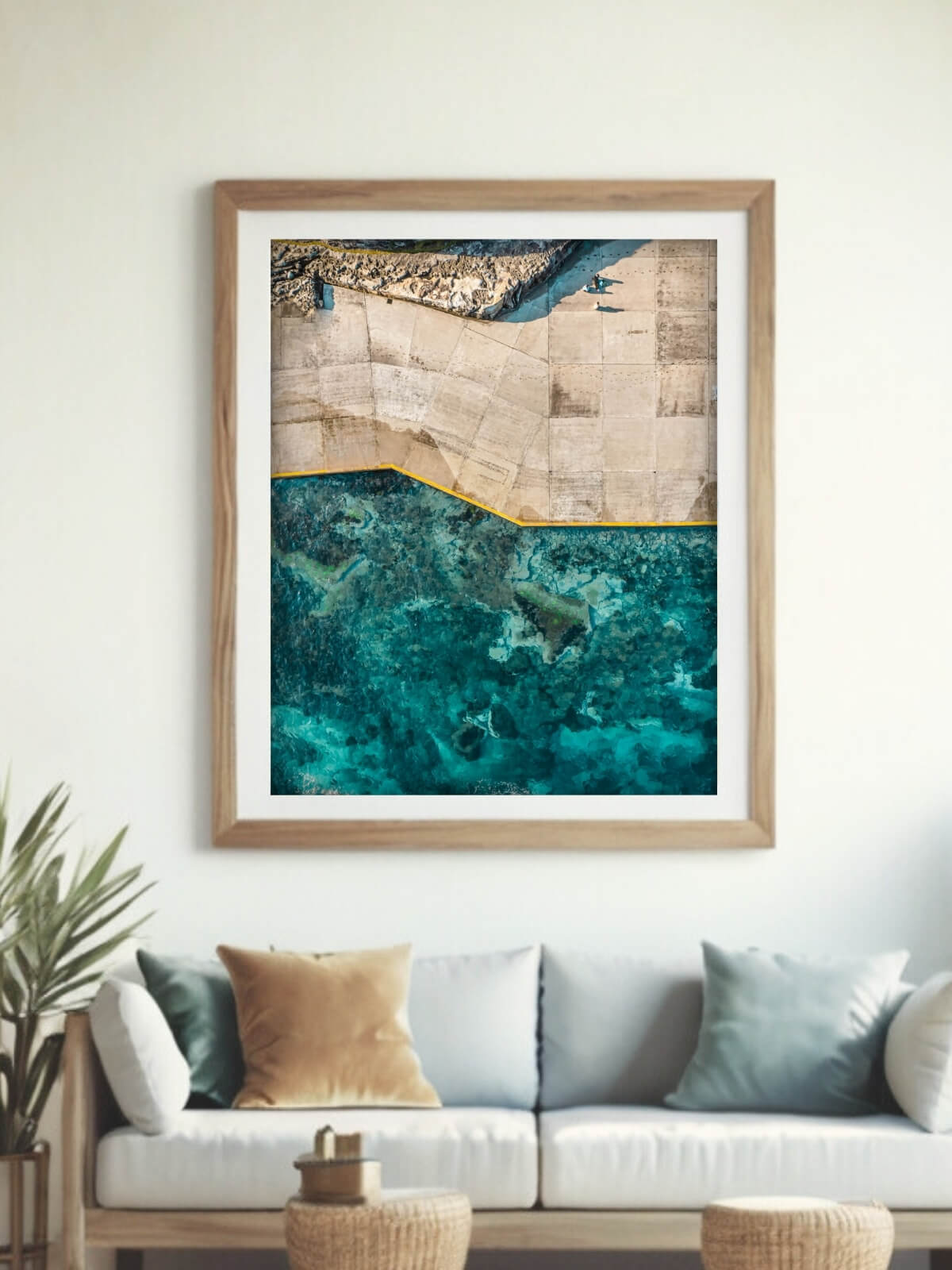 Framed aerial coastal photography print of Clovelly Beach Sydney on a wall