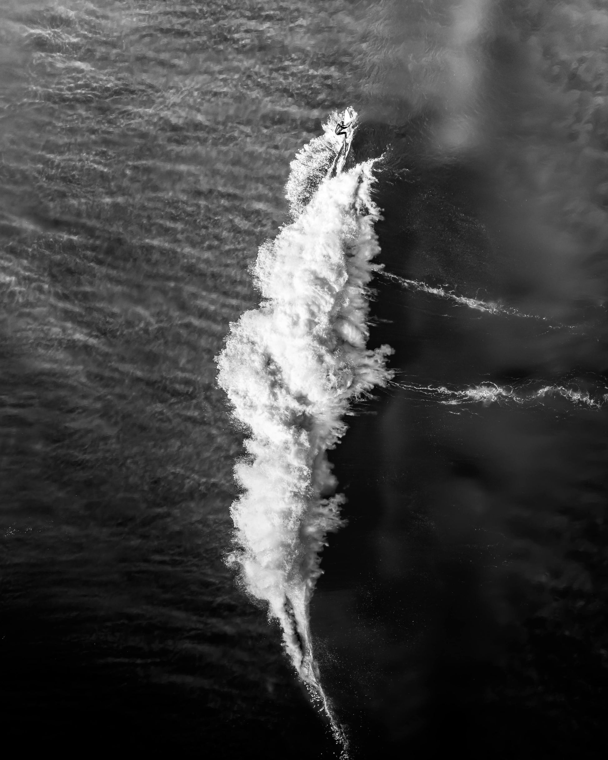 Aerial black and white photograph of a surfer on dark water at Bronte Beach, Sydney, by Nicolas Letoublon