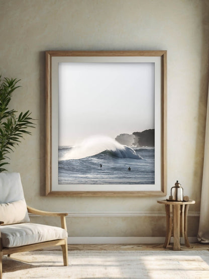 Framed coastal photography print of a winter wave at Bronte Beach on a wall