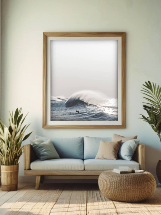 Framed surf photography print of a winter wave at Bronte Beach displayed on a wall