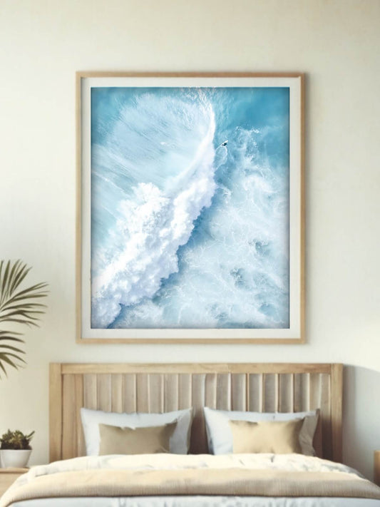 Framed aerial surf photography print of Bronte Beach displayed on a wall